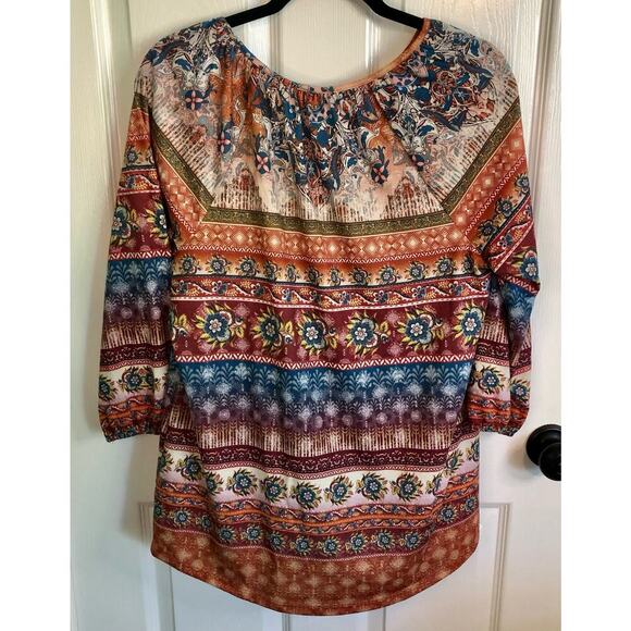 B.L.E.U. Women's Size Medium Multicolor Boho Top Tie Front 3/4 Length Sleeve - Picture 5 of 5